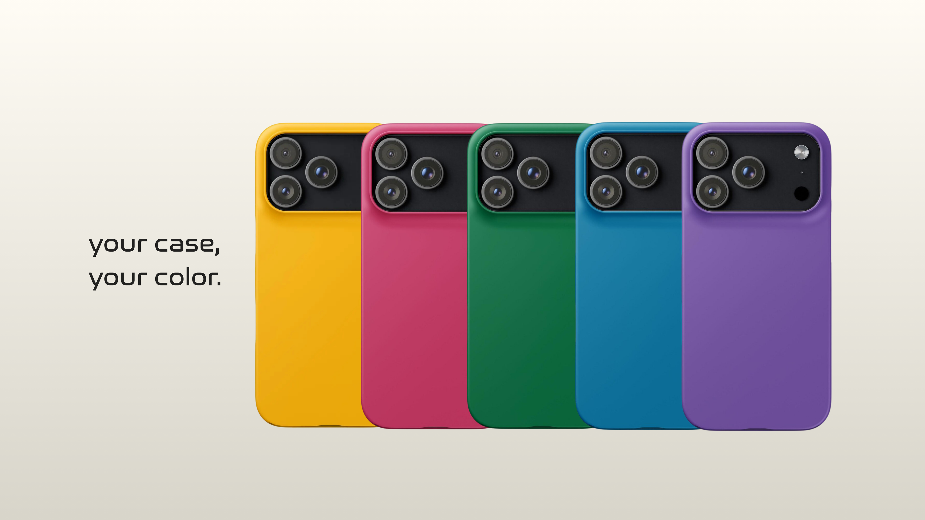Four smartphones in yellow, pink, green, blue, and purple on a light gray background with text 'your case, your color'.